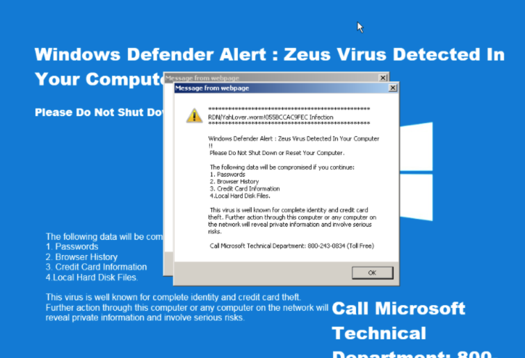 Windows Defender Zeus virus detection screen